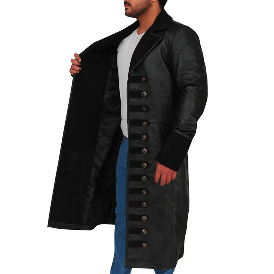 Long Leather Pirate Captain Black Coat For Men