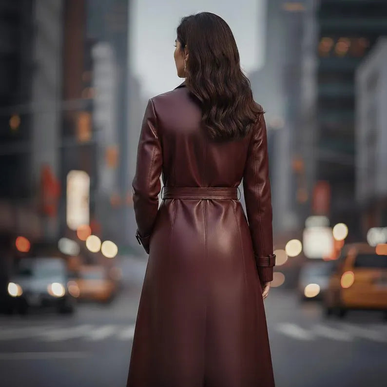 Women’s Burgundy Genuine Sheep Leather Long Trench Coat – Belted Winter Overcoat with Buckle Cuffs