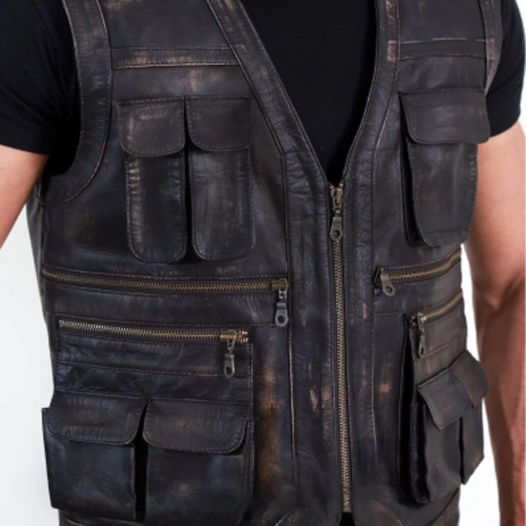 Mens Handmade Distressed Black Leather Vest