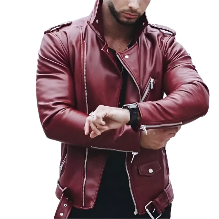 Men Genuine Real Sheep Leather Jacket Maroon Slim fit Biker Motorcycle jacket