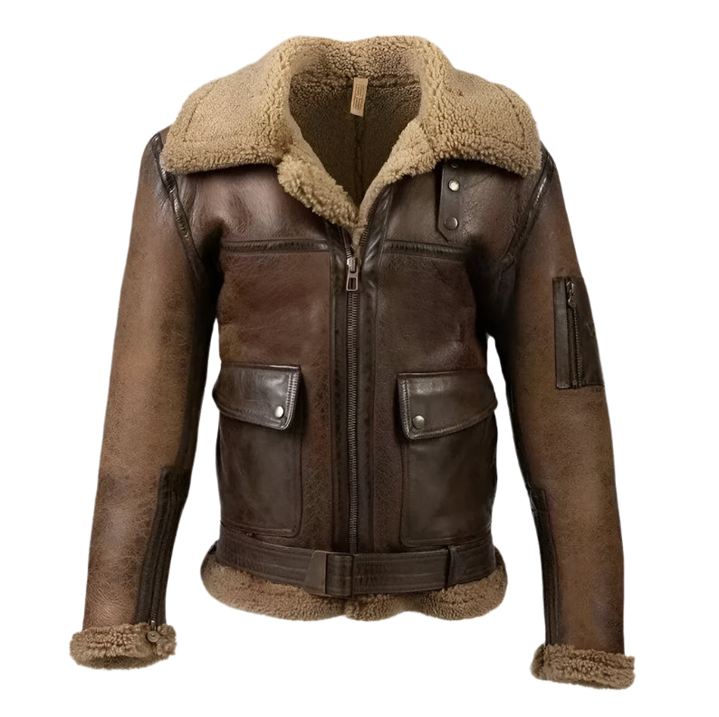RAF Military Aviator B3 Bomber Winter Jacket Handmade Distressed Brown Leather