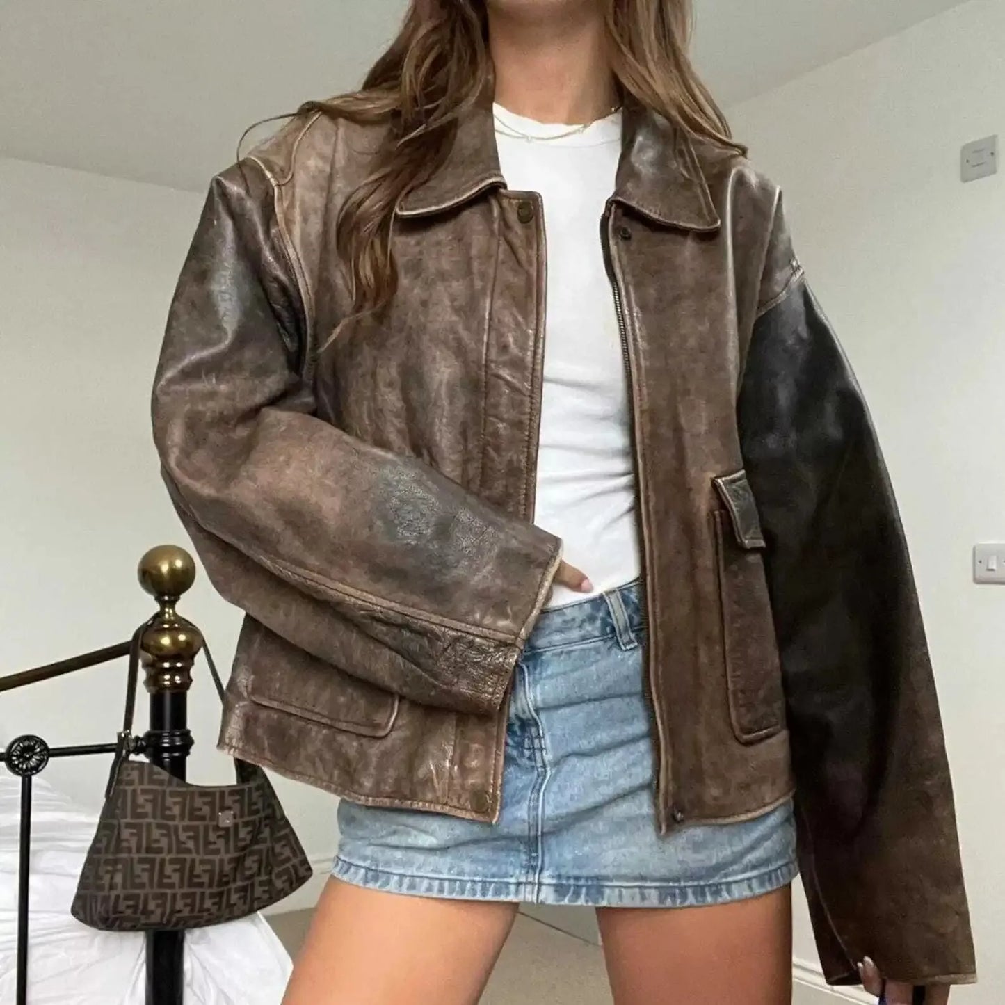 80s Oversize A2 Military Vintage Style Distressed Brown Real Leather Jacket, Gif