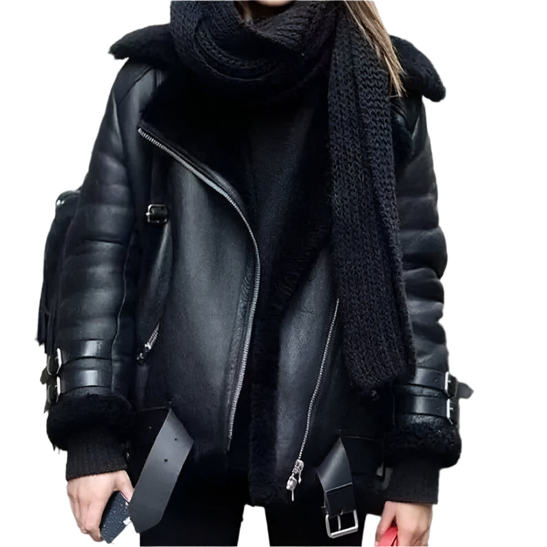 Women's Bomber Black B3 Aviator Flying Fur Shearling Real Leather Jacket Coat