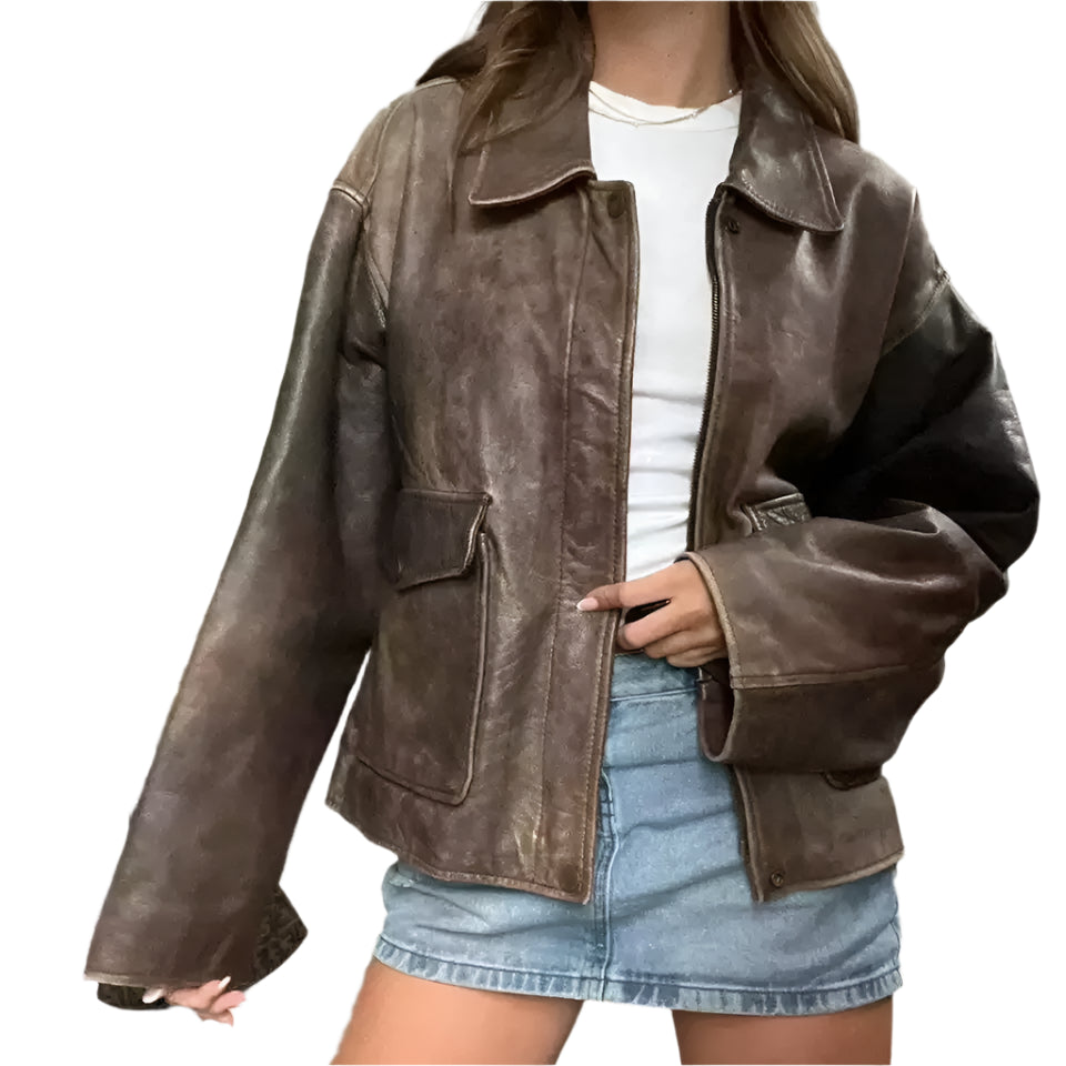 80s Oversize A2 Military Vintage Style Distressed Brown Real Leather Jacket, Gif