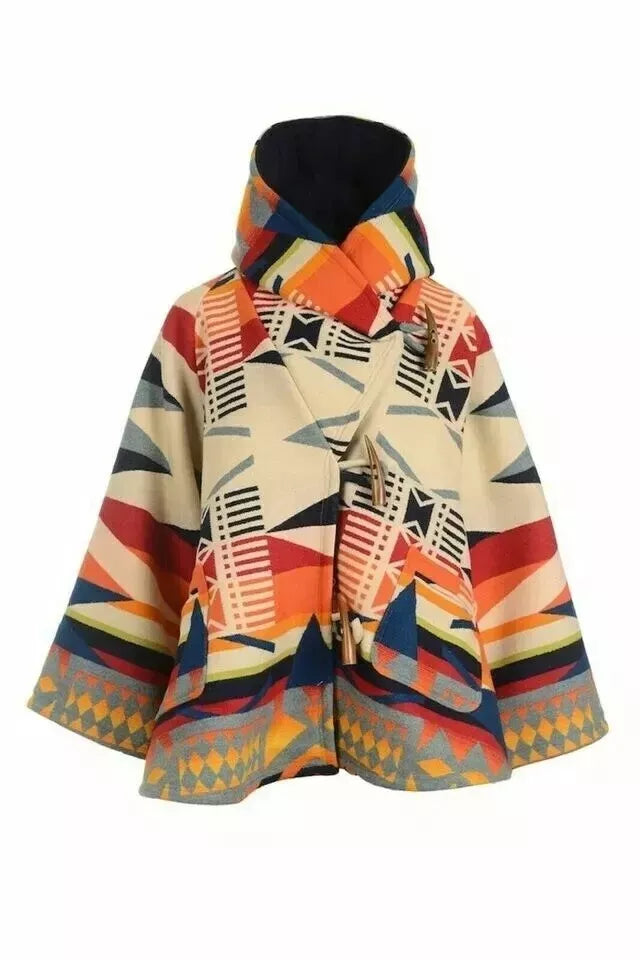 Women Wool - Fleece Poncho Coat Claw Button Hooded Jacket Poncho Overcoat