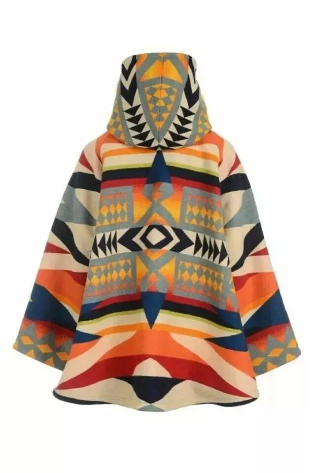 Women Wool - Fleece Poncho Coat Claw Button Hooded Jacket Poncho Overcoat