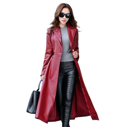 Women’s Leather Trench Coat Genuine Soft Lambskin Winter Long Overcoat Jacket