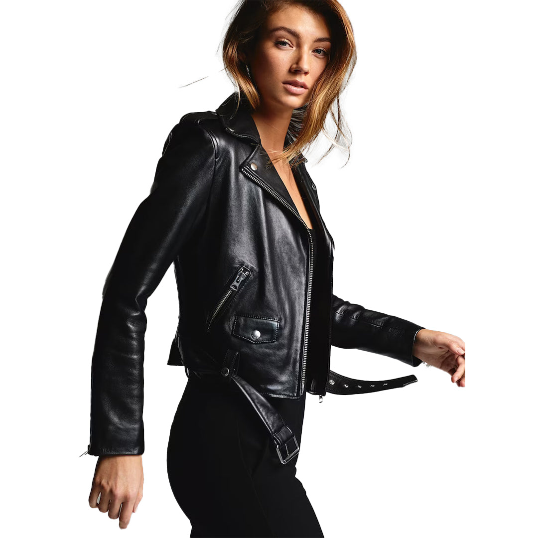 Women's & Girls 100% Genuine High Qulaity good Soft Lambskin Leather Cropped Motor Biker Jacket Slim-Fit, Long Sleeves