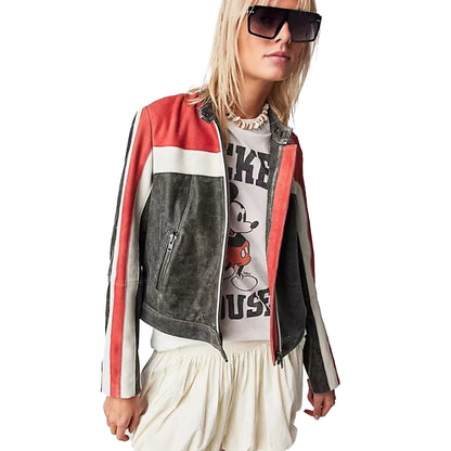 Women Distressed Cafe Racer Biker Jacket