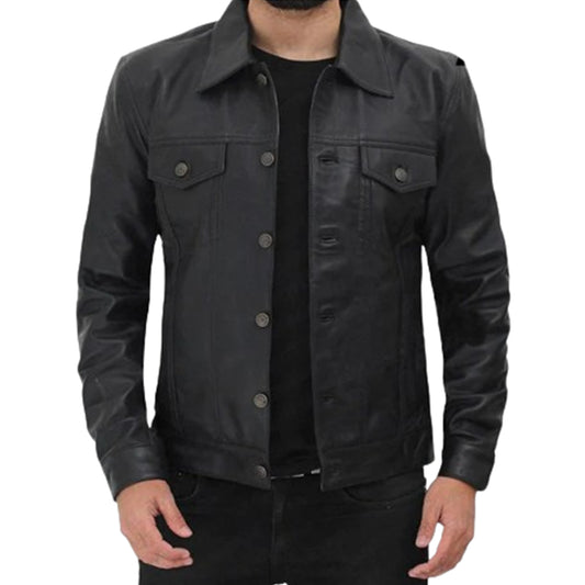 Men's Classic Trucker Jacket Black | Western Style Real Leather Jacket