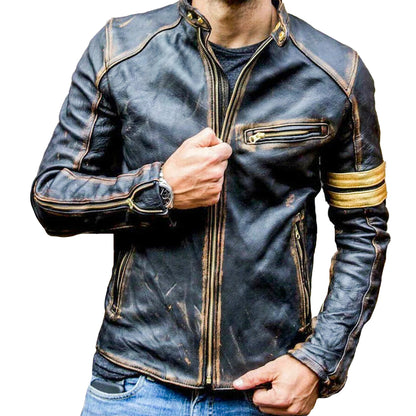 Cafe Racer Slim Fit Vintage Jacket Motorcycle Jacket for Men | Biker Distressed Leather Jacket | Golden stripe jacket stripes biker jacket