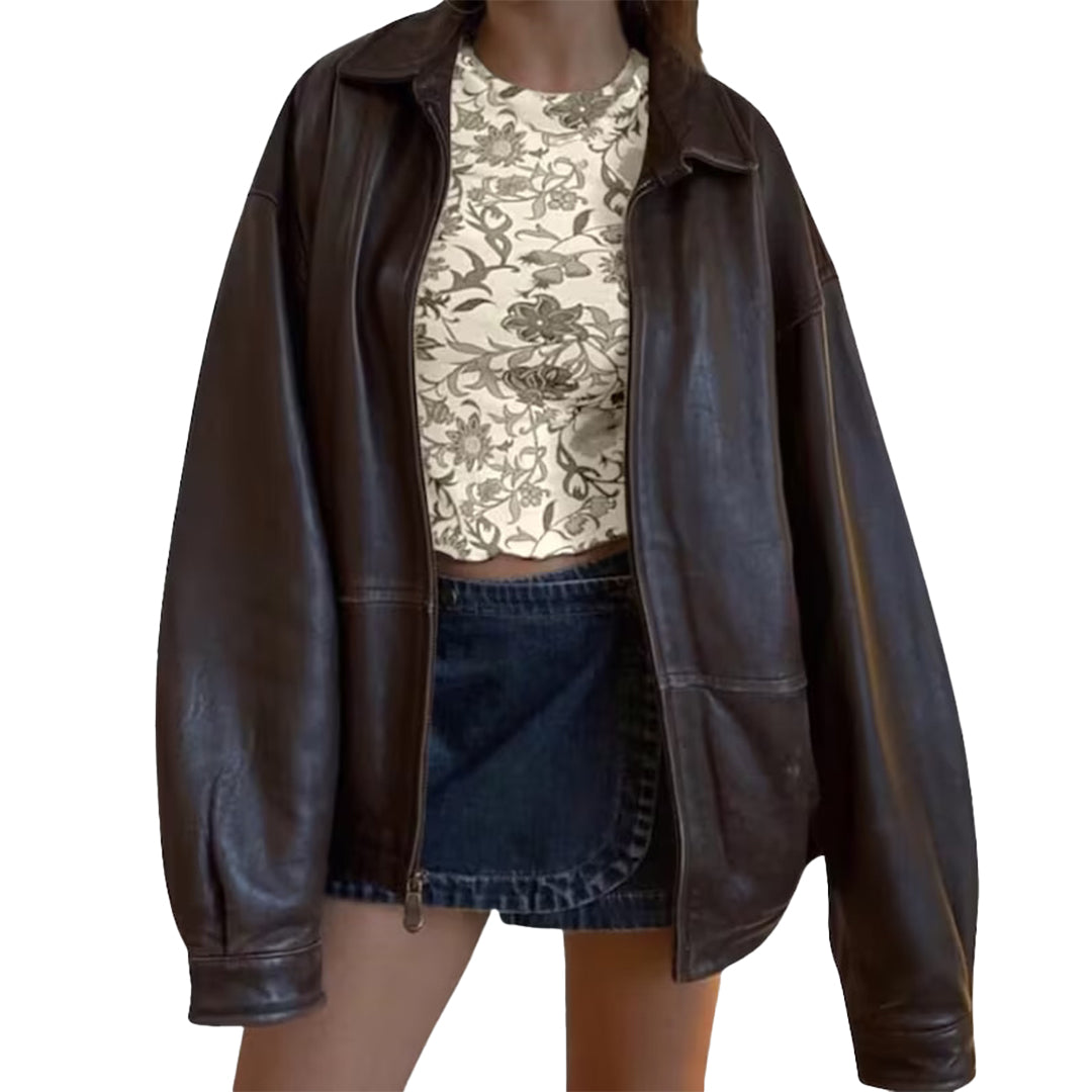 Women's Handmade Oversized Real Leather Vintage Brown Bomber Jacke