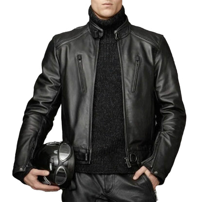 Men's lambskin leather black winter motorcycle jacket