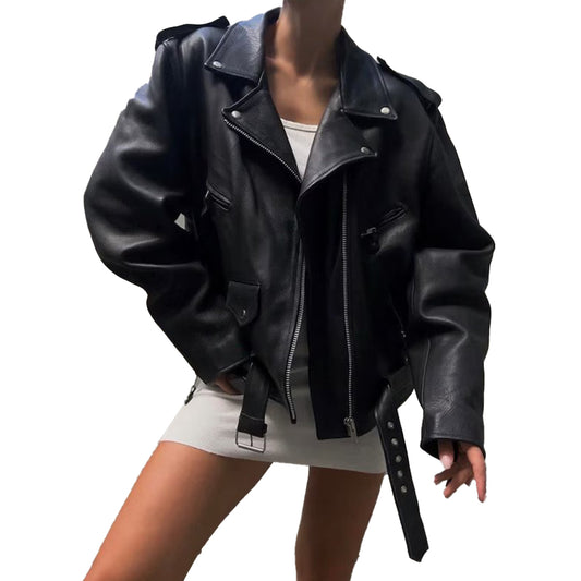 Women's Handmade Oversized Real Leather Vintage Black Biker Jacket