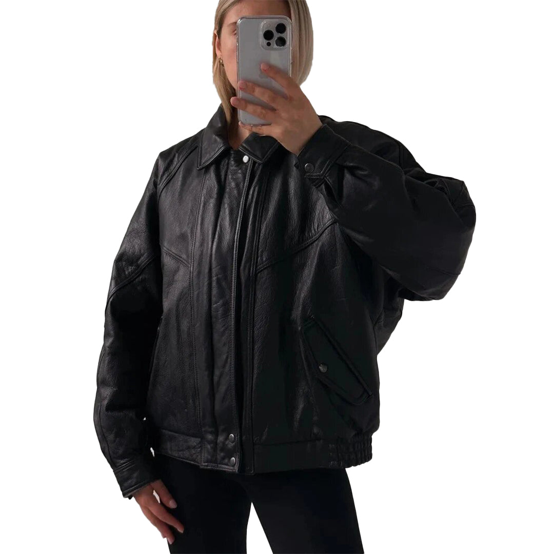 Women's Handmade Oversized Real Leather Vintage Black Bomber Jacket