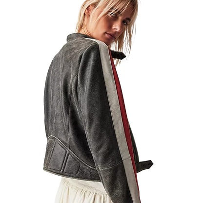 Women Distressed Cafe Racer Biker Jacket