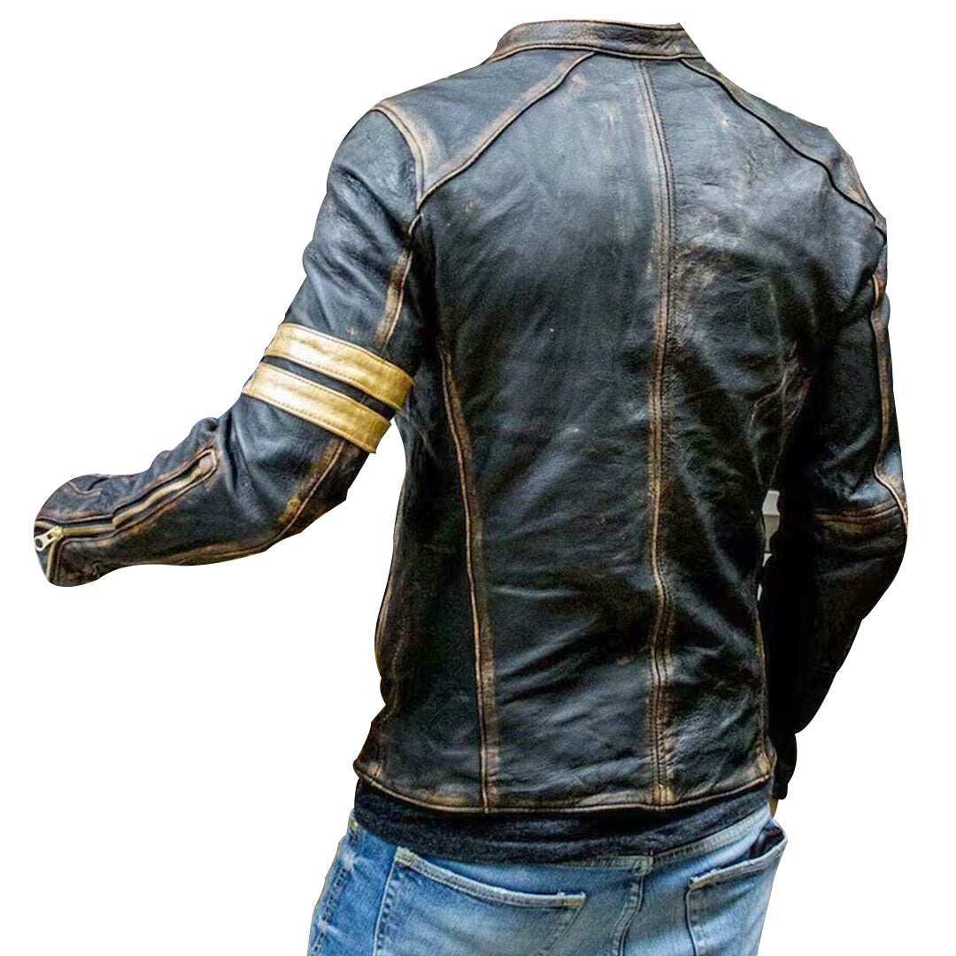 Cafe Racer Slim Fit Vintage Jacket Motorcycle Jacket for Men | Biker Distressed Leather Jacket | Golden stripe jacket stripes biker jacket