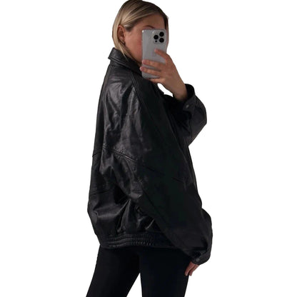 Women's Handmade Oversized Real Leather Vintage Black Bomber Jacket