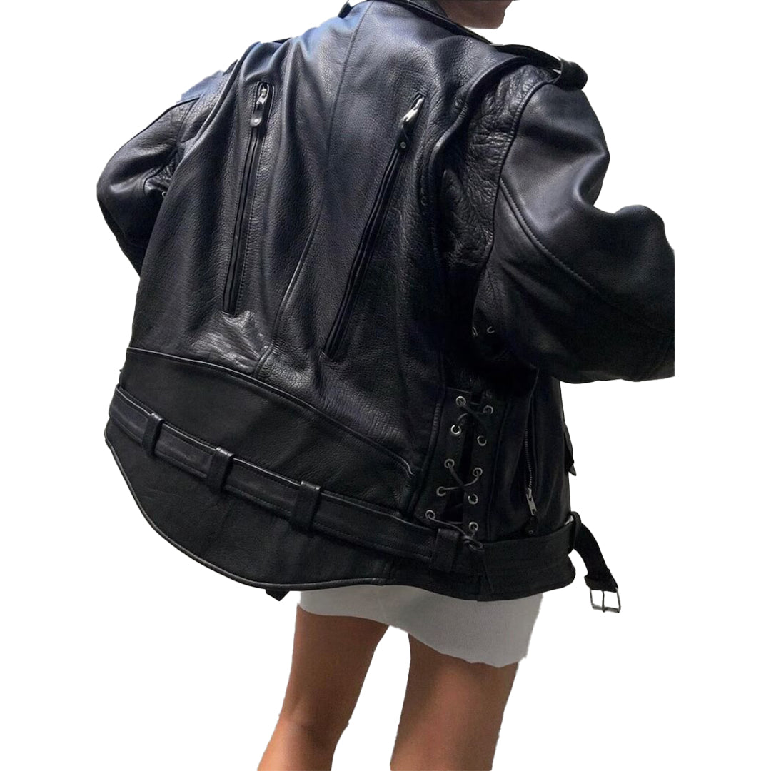Women's Handmade Oversized Real Leather Vintage Black Biker Jacket