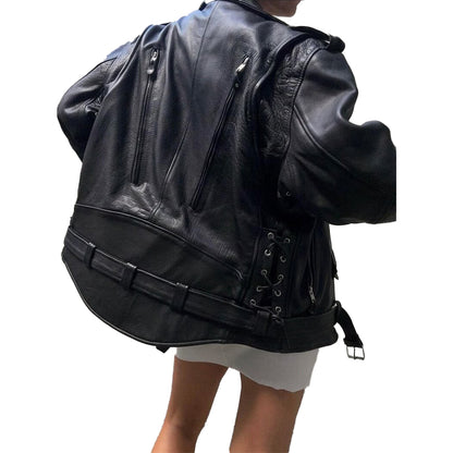 Women's Handmade Oversized Real Leather Vintage Black Biker Jacket