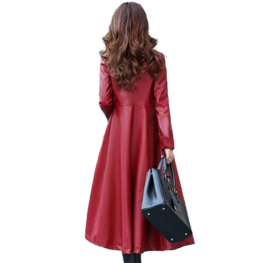 Women’s Leather Trench Coat Genuine Soft Lambskin Winter Long Overcoat Jacket