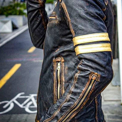 Cafe Racer Slim Fit Vintage Jacket Motorcycle Jacket for Men | Biker Distressed Leather Jacket | Golden stripe jacket stripes biker jacket