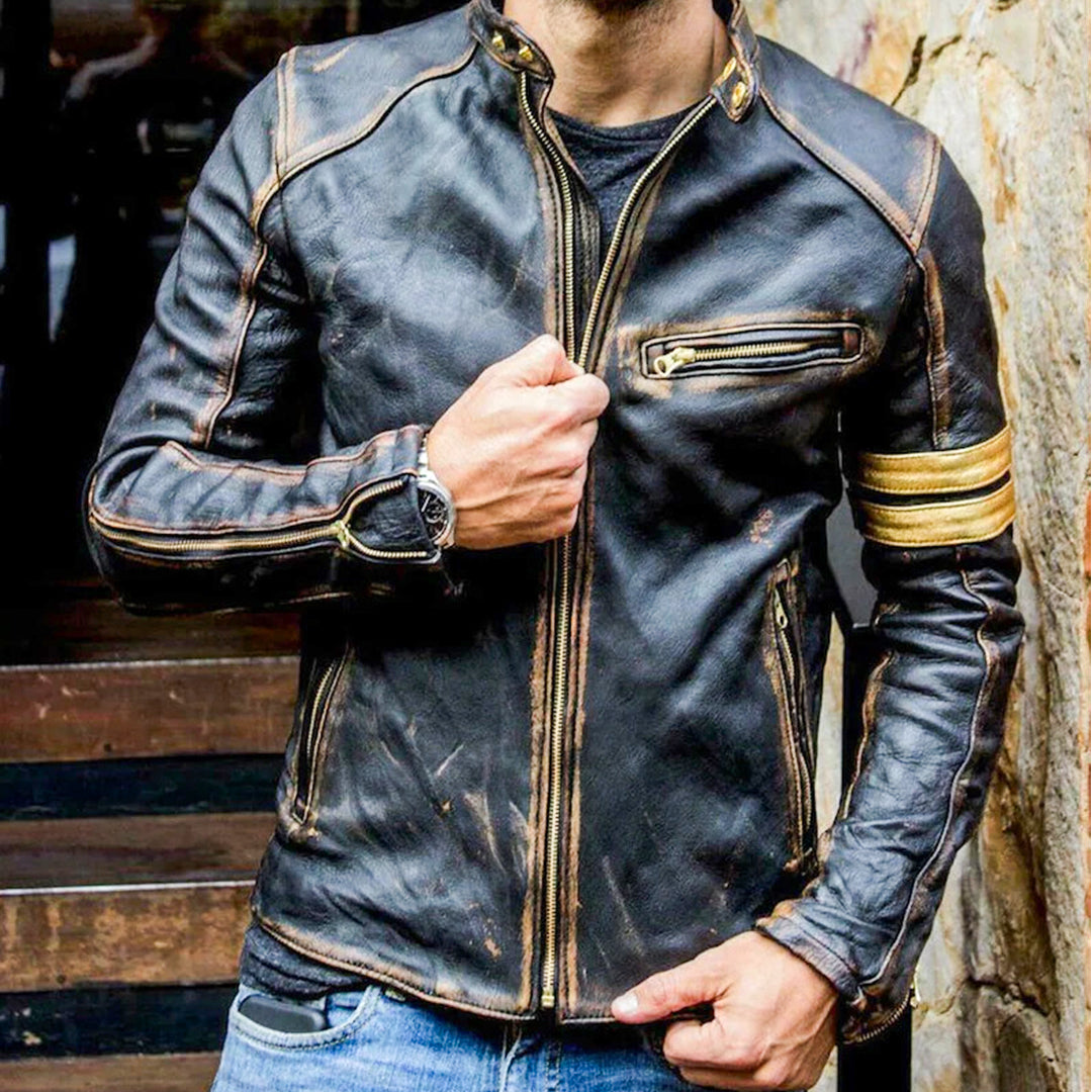 Cafe Racer Slim Fit Vintage Jacket Motorcycle Jacket for Men | Biker Distressed Leather Jacket | Golden stripe jacket stripes biker jacket