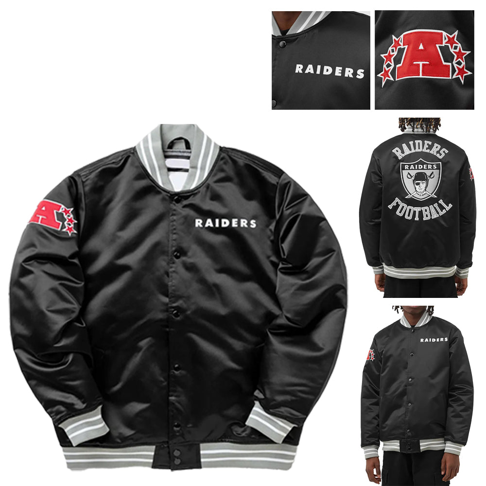 80s Las Vegas Raiders Black Satin Bomber Jacket Full Snap Varsity Letterman NFL