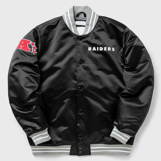 80s Las Vegas Raiders Black Satin Bomber Jacket Full Snap Varsity Letterman NFL