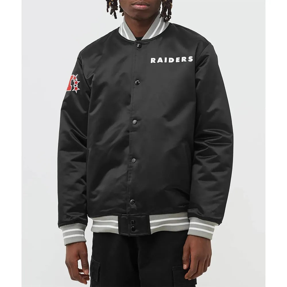 80s Las Vegas Raiders Black Satin Bomber Jacket Full Snap Varsity Letterman NFL