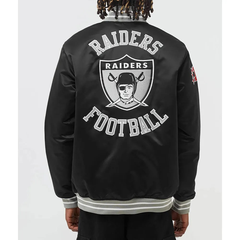80s Las Vegas Raiders Black Satin Bomber Jacket Full Snap Varsity Letterman NFL