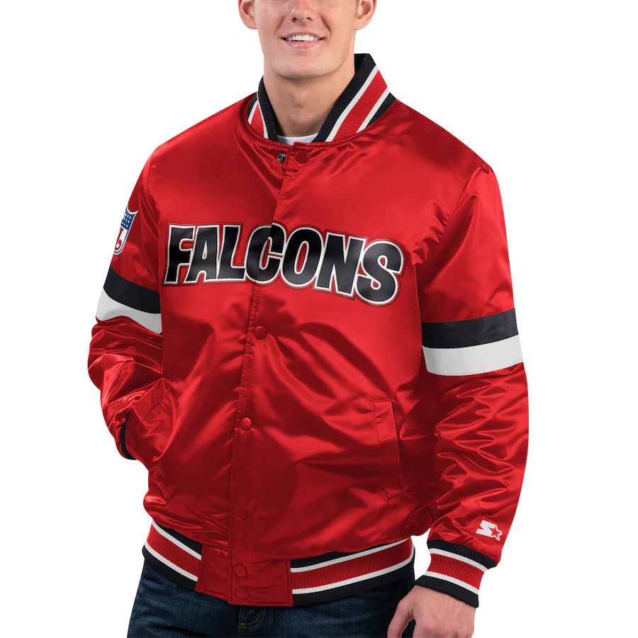 90s Atlanta Falcons Red Satin Bomber Jacket Forward Power Striped Varsity