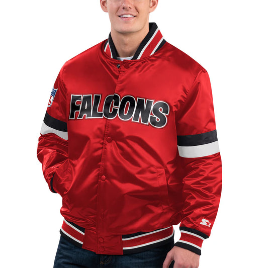 90s Atlanta Falcons Red Satin Bomber Jacket Forward Power Striped Varsity