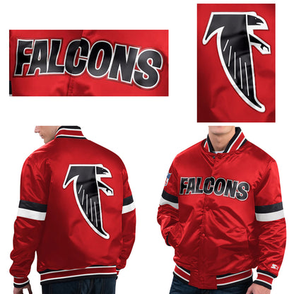90s Atlanta Falcons Red Satin Bomber Jacket Forward Power Striped Varsity
