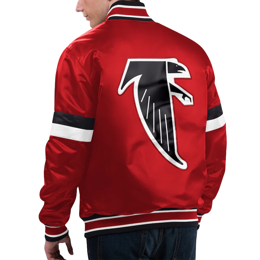 90s Atlanta Falcons Red Satin Bomber Jacket Forward Power Striped Varsity