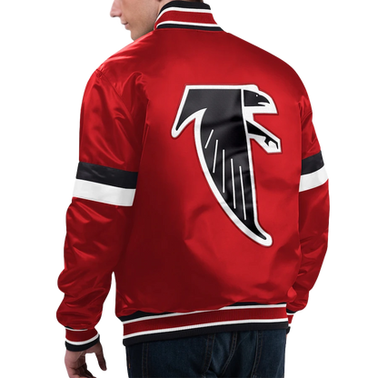 90s Atlanta Falcons Red Satin Bomber Jacket Forward Power Striped Varsity