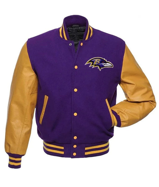 Baltimore Ravens Varsity Jacket Wool Leather Purple Yellow Playoff Letterman
