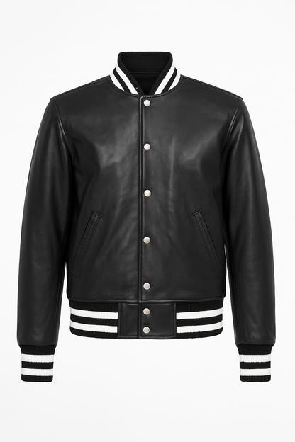 Men’s Genuine Black Sheep Leather Baseball Varsity Jacket