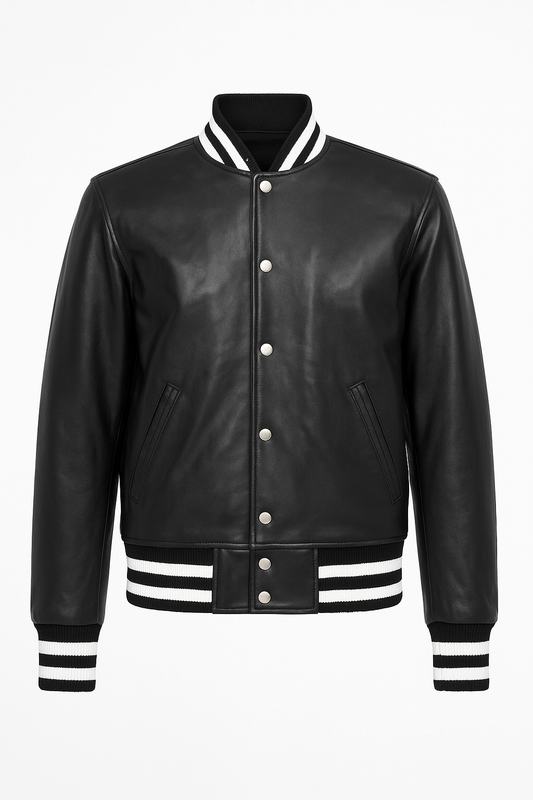 Men’s Genuine Black Sheep Leather Baseball Varsity Jacket