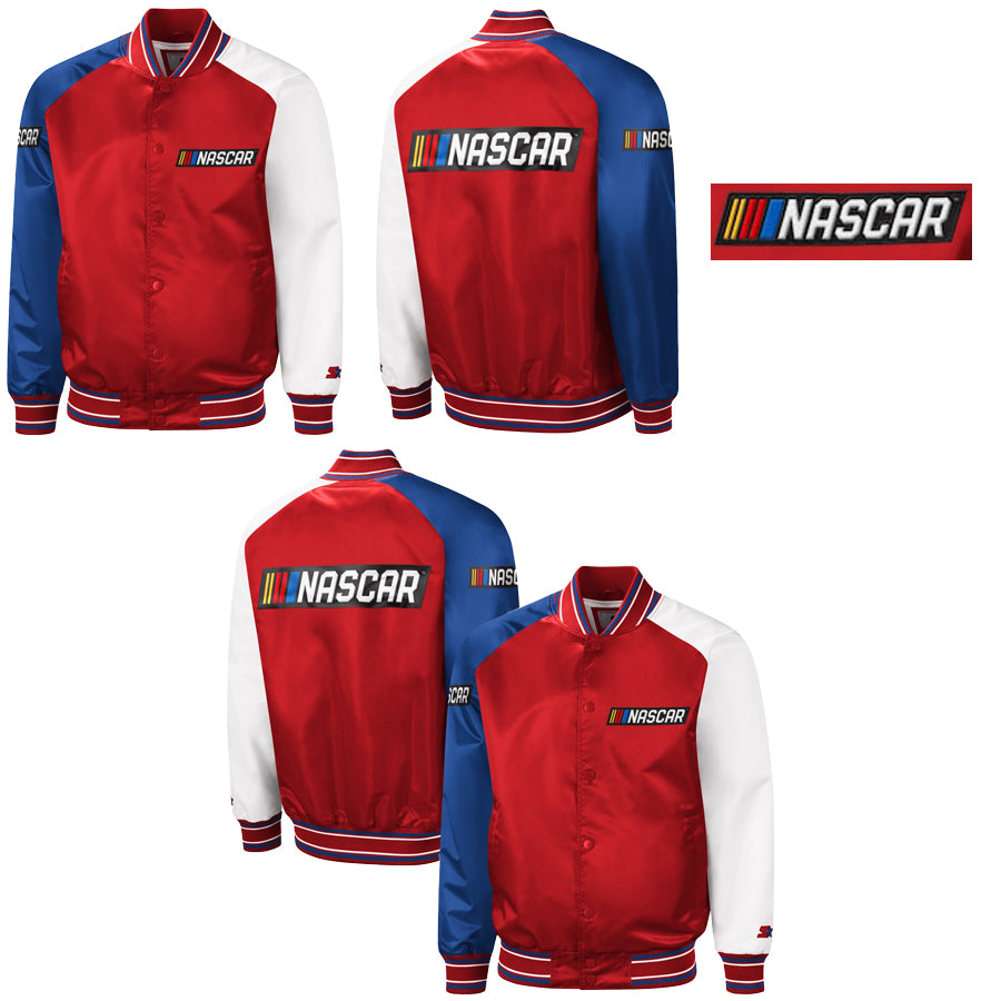 NASCAR The Reliever Varsity Jacket Satin Red Blue White Sleeves Full Snap Racing