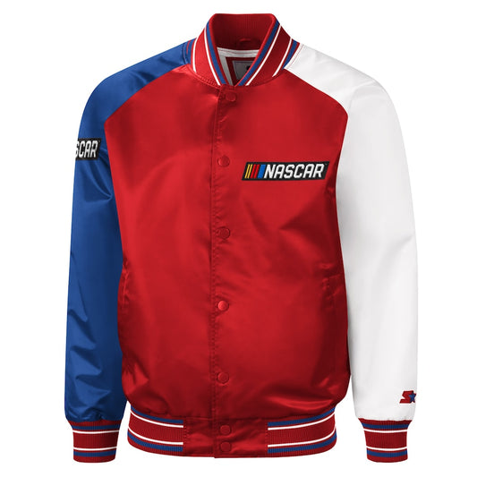 NASCAR The Reliever Varsity Jacket Satin Red Blue White Sleeves Full Snap Racing