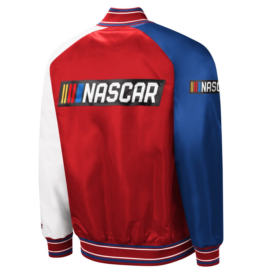 NASCAR The Reliever Varsity Jacket Satin Red Blue White Sleeves Full Snap Racing