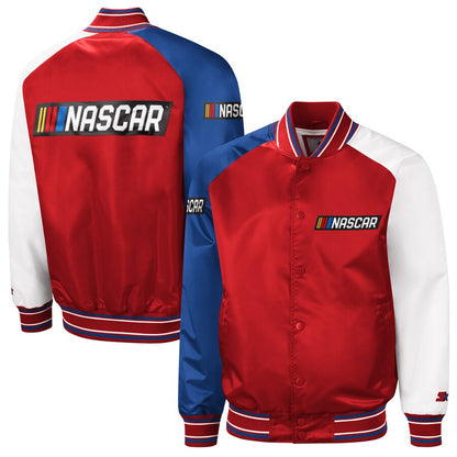 NASCAR The Reliever Varsity Jacket Satin Red Blue White Sleeves Full Snap Racing