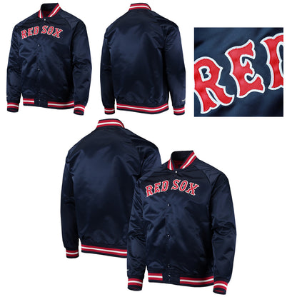 Boston Red Sox Satin Bomber Jacket Lightweight Raglan Full Snap Varsity