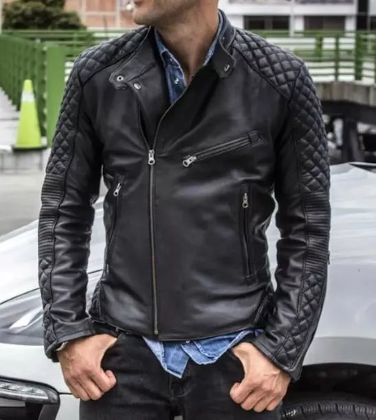 Cafe Racer Style Men's Leather Jacket Sheep Skin Black Biker Jacket