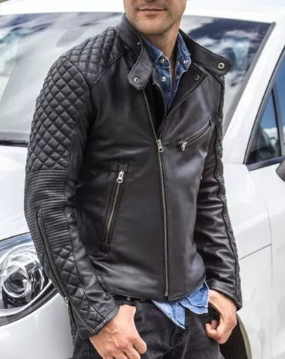Cafe Racer Style Men's Leather Jacket Sheep Skin Black Biker Jacket