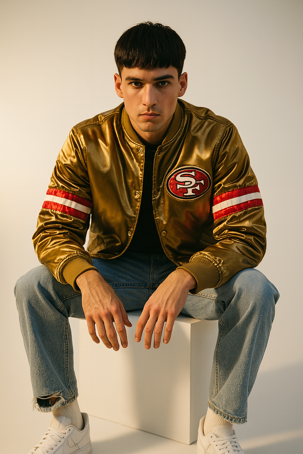 San Francisco 49ers 80s Vintage Gold Satin Bomber Jacket Varsity Team Letterman