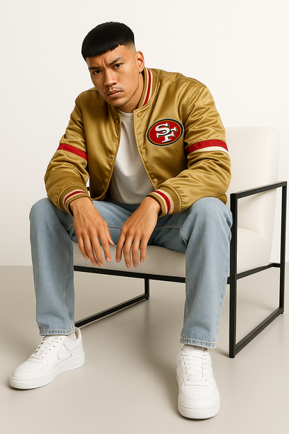 San Francisco 49ers 80s Vintage Gold Satin Bomber Jacket Varsity Team Letterman