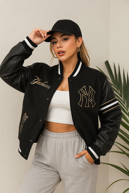 New York Yankees Varsity Jacket Unisex Black Wool Leather Sleeves Bomber Letterman