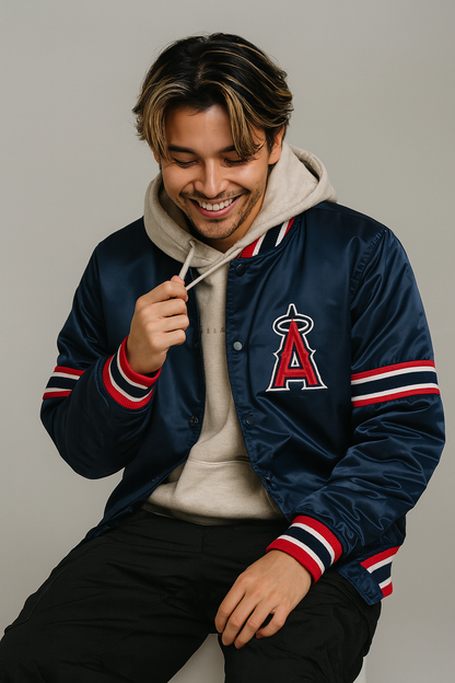 Los Angeles Angels Satin Bomber Jacket Navy Blue Varsity Baseball Jacket